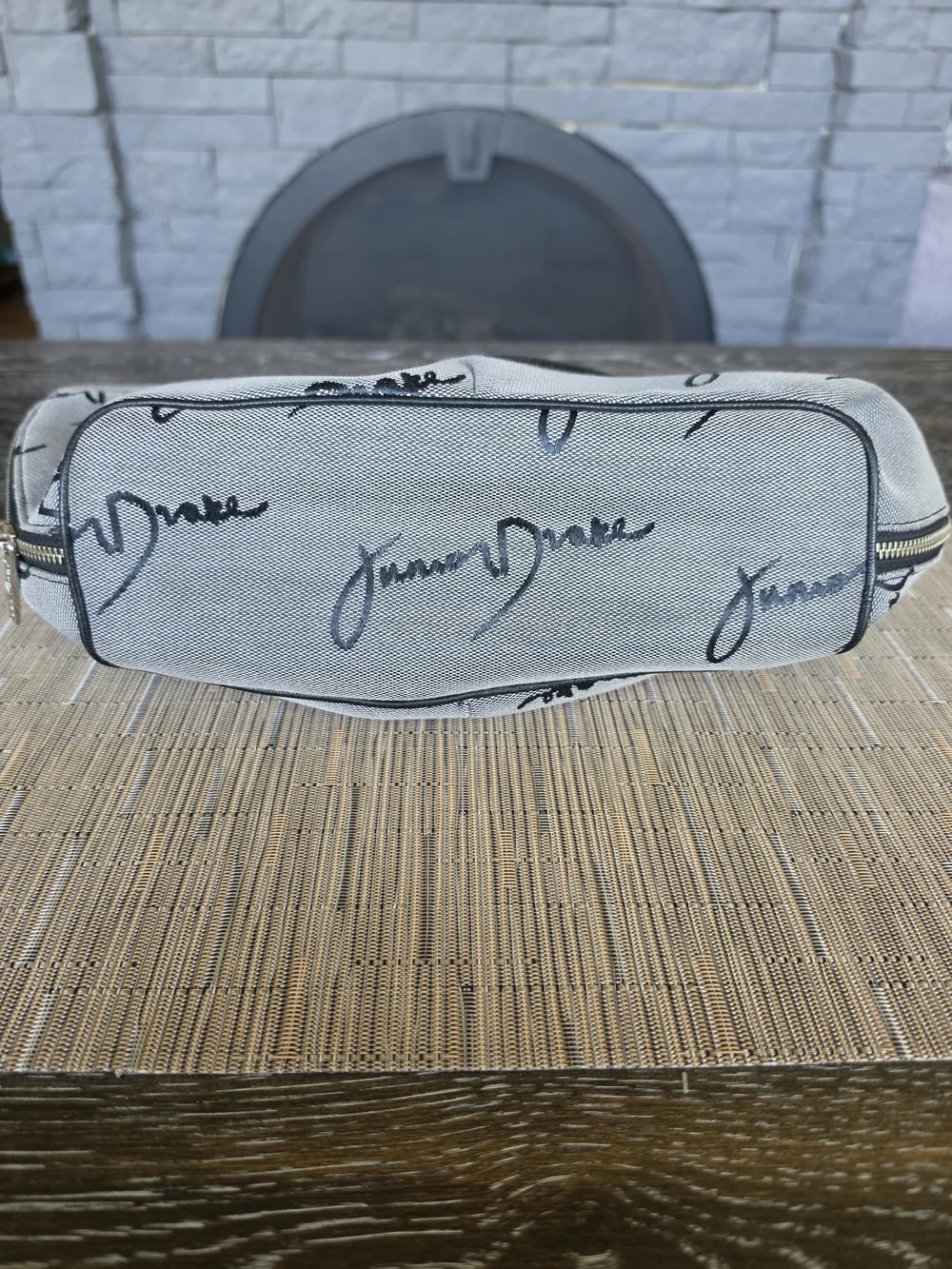 Junior Drake Gray Logo Canvas Tote with Black Leather Handles